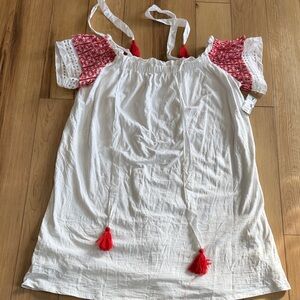 Crown Ivy White/Red Crochet Off-Shoulder Shift Dress made from 100% cotton